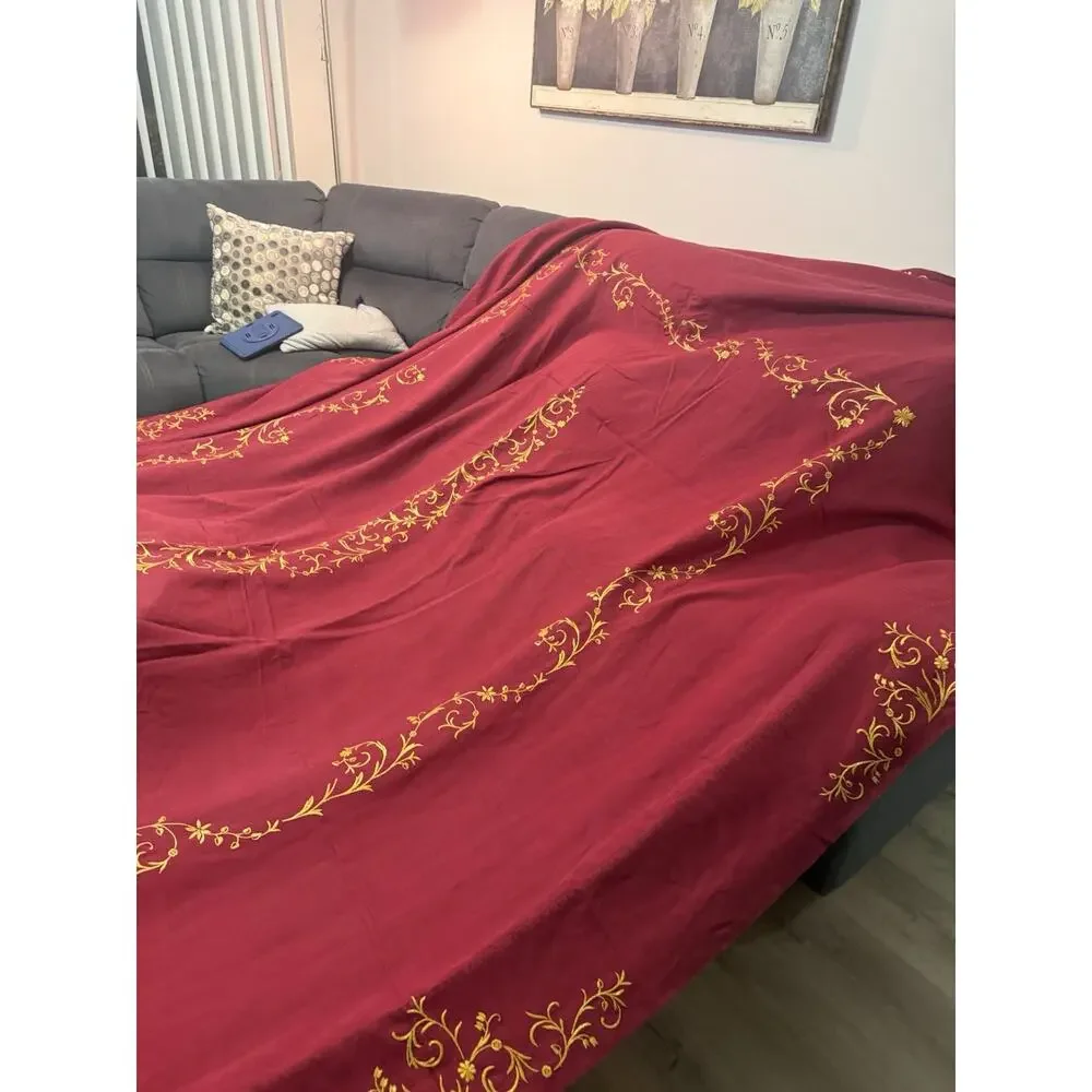 Vintage Linen Embroidered Bedspread 105x172 Red Gold Floral Handmade